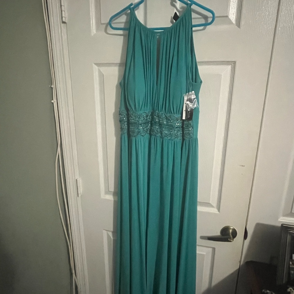 R&M Richards Aqua Maxi Dress with Lace Detail